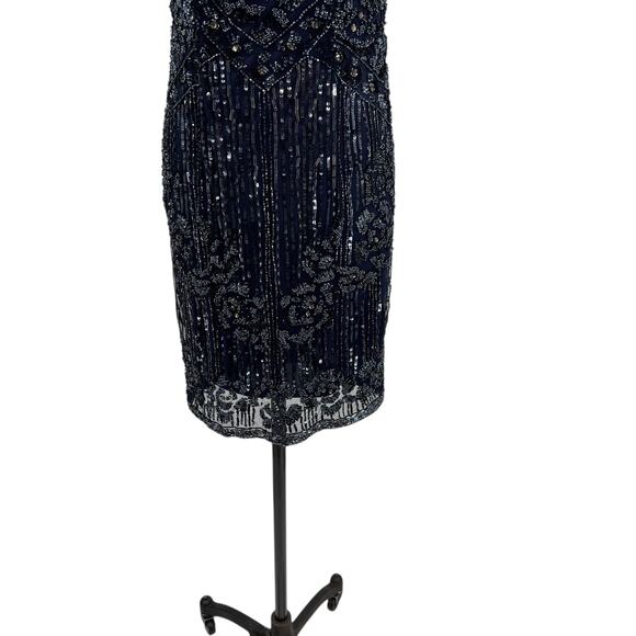 Theia Sequin Sheath Dress Embellished Beaded Sleeveless Navy Blue Size US 4 - Picture 4 of 13